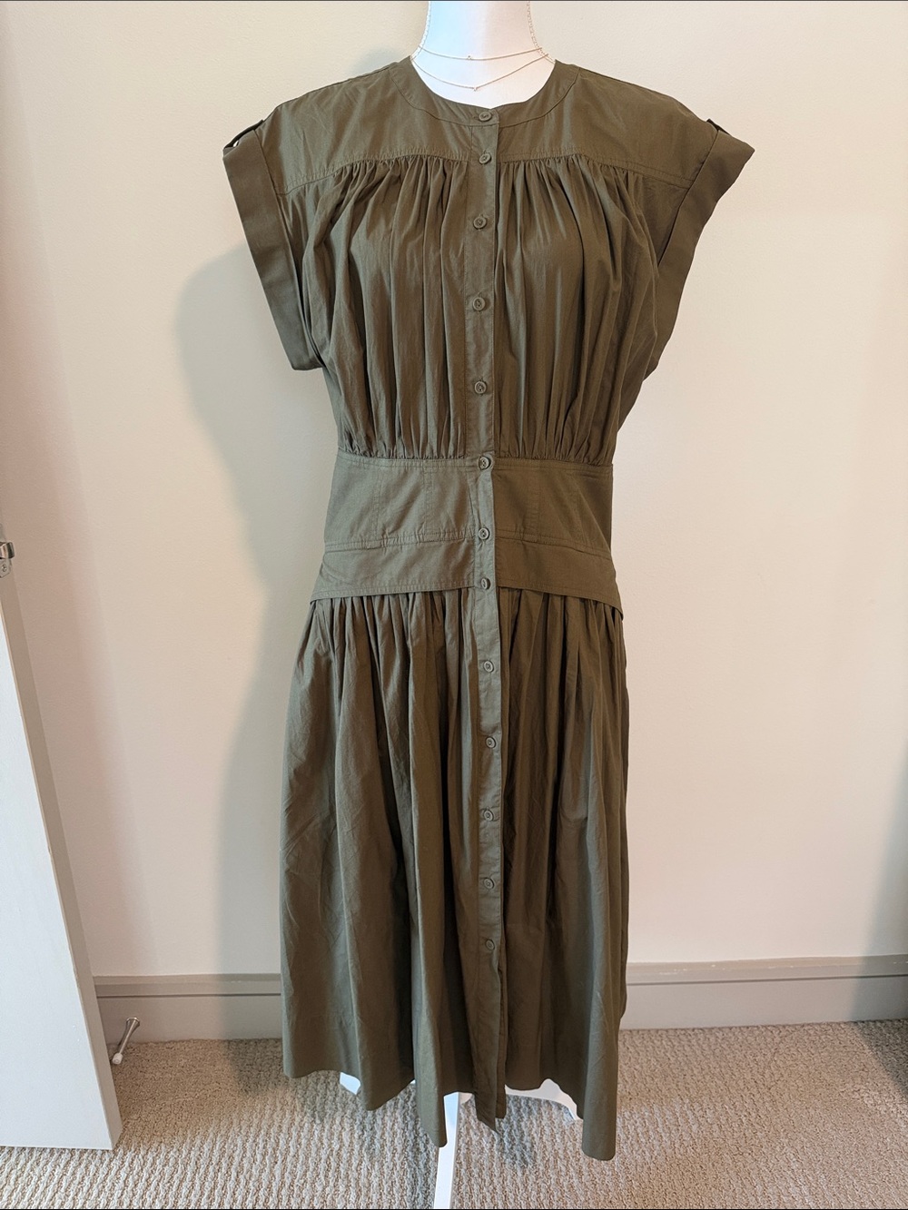 Ulla Johnson Olive Green Button-Front Midi Dress